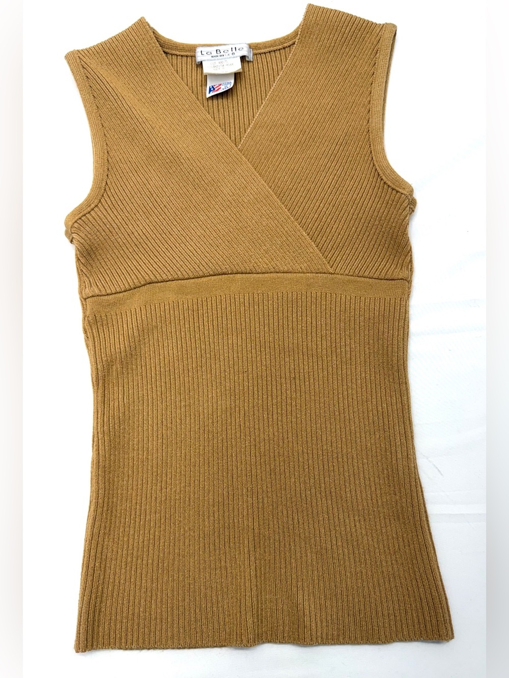La Belle Camel Tan Ribbed V-Neck Sleeveless Knit Top Size S Small Vintage